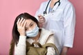 Asian woman backpacker get sick and high fever temperature, Traveler and tourist spread coronavirus disease. Royalty Free Stock Photo