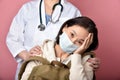 Asian woman backpacker get sick and high fever temperature, Traveler and tourist spread coronavirus disease. Royalty Free Stock Photo