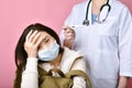 Asian woman backpacker get sick and high fever temperature, Traveler and tourist spread coronavirus disease Royalty Free Stock Photo