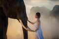 Asian woman and big elephant in the Forest. Elephant with beautiful girl in asian countryside, Surin, Thailand Royalty Free Stock Photo