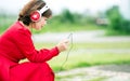 Asian woman browsing tablet Royalty Free Stock Photo