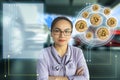 Asian woman business finger pointing tecnology bit coin in blurry car office background