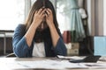 Asian woman calculating monthly expense and credit card debt Royalty Free Stock Photo