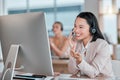 Asian woman, call center and computer with smile for telemarketing, customer support or service at office desk. Happy Royalty Free Stock Photo