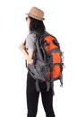 Asian woman carrying a backpack on a trip to travel. White background.