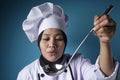 Asian Woman Chef Making Soup, Chef Holding Kitchen Tool Ladle