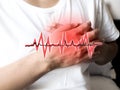 Asian woman chest pain with acute heart attack and have graphic heart wave graph of heartbeat
