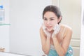 Asian woman cleaning face skin enjoy herself with bubble cleansing foam. Royalty Free Stock Photo