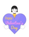 Asian woman congratulates on valentine day 2D linear illustration concept