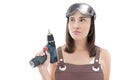 Asian woman with cordless drill ready for home repairs. People h Royalty Free Stock Photo