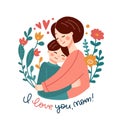 Asian woman cuddling her child. Mom hugging her son with a lot of love and tenderness. Mother's day holiday isolated