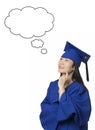 Asian woman deep in thought wearing graduation gown isolated white background Royalty Free Stock Photo