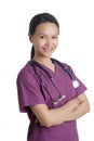 Asian woman Doctor or Nurse dressed in purple scrubs