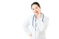 Asian woman doctor with stethoscope hand tell shouting gesture Royalty Free Stock Photo