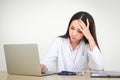 An Asian woman doctor in uniform works with a laptop There is cumulative stress, overwork, and stress caused by the coronavirus