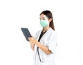 Asian woman doctor wearing green medical face mask, face shield and white coat with stethoscope. Portrait of young attractive Royalty Free Stock Photo