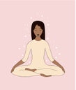 Asian woman doing yoga in meditating lotus pose. Vector illustration.