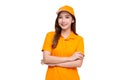 Asian woman employee in orange uniform and smile isolated on white background