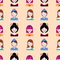 Asian woman face seamless pattern, bright color print with Asian girl in different costumes for textile design and packaging Royalty Free Stock Photo