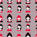 Asian woman face seamless pattern, bright red black print with Asian girl in different images for textile design and packaging Royalty Free Stock Photo