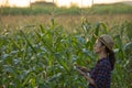 Asian woman farmer with digital tablet in corn field, Beautiful morning sunrise over the corn field. Royalty Free Stock Photo