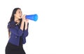 Asian woman fashion make up showing blue plastic megaphone Royalty Free Stock Photo