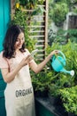 Asian woman gardener watering the flowers in her garden in summer Royalty Free Stock Photo