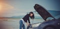 Asian woman girl broken car on the road Royalty Free Stock Photo