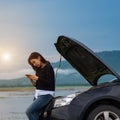 Asian woman girl broken car on the road Royalty Free Stock Photo