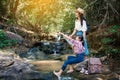 Asian woman and girl looking a map sitting on the rock near waterfall in forest background Royalty Free Stock Photo