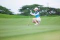 Asian woman golfer sit check line for putting golf ball on green grass Royalty Free Stock Photo