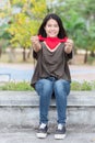 Asian woman hand hold beautiful red heart sweet loving symbol