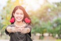 Asian woman hand hold give beautiful red heart sweet loving symbol of take care