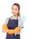 Asian Woman Hand Holding Plastic Cleaning Brush.