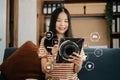 Asian Woman Hand using tablet ,laptop, and holding mobile phone with credit card online banking payment communication network, Royalty Free Stock Photo