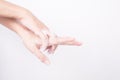 Asian woman hand are washing with soap bubbles on white background, Health and Lifestyle Concepts, Global Handwashing Day