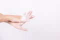 Asian woman hand are washing with soap bubbles on white background, Health and Lifestyle Concepts, Global Handwashing Day