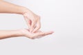 Asian woman hand are washing with soap bubbles on white background, Health and Lifestyle Concepts, Global Handwashing Day, Royalty Free Stock Photo