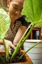 Asian woman happy planting houseplant. Filling pot with growing media