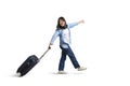 Asian Woman is happy for travel with her luggage isolated on white background. Clipping Paths Royalty Free Stock Photo