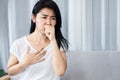 Asian woman having morning sickness feeling nausea and want to vomit Royalty Free Stock Photo