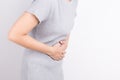 Asian woman having stomachache on white background