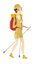 Asian woman hiker walking with trekking sticks.