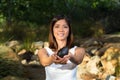 Asian woman holding avocado Royalty Free Stock Photo