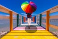 Asian woman holding a colorful umbrella stands on the Rainbow Bridge, Kalong Village, Samut Sakhon province, Thailand Royalty Free Stock Photo