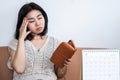 Asian woman holding empty purse no money,bankrupt and debt concept Royalty Free Stock Photo