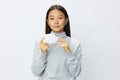 Asian woman holding hand with handkerchief and coughing up flu and cold, stuffy nose viral disease covid 19 white Royalty Free Stock Photo