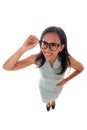 Asian woman holding her eyeglasses smiling happy. Dynamic fun high angle view. Royalty Free Stock Photo