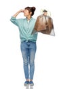 asian woman holding smelly trash in plastic bag Royalty Free Stock Photo