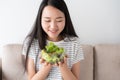 Asian woman holds a glass bowl full of salad vegetables green while sitting on the sofa at home. healthy and lifestyle concept Royalty Free Stock Photo